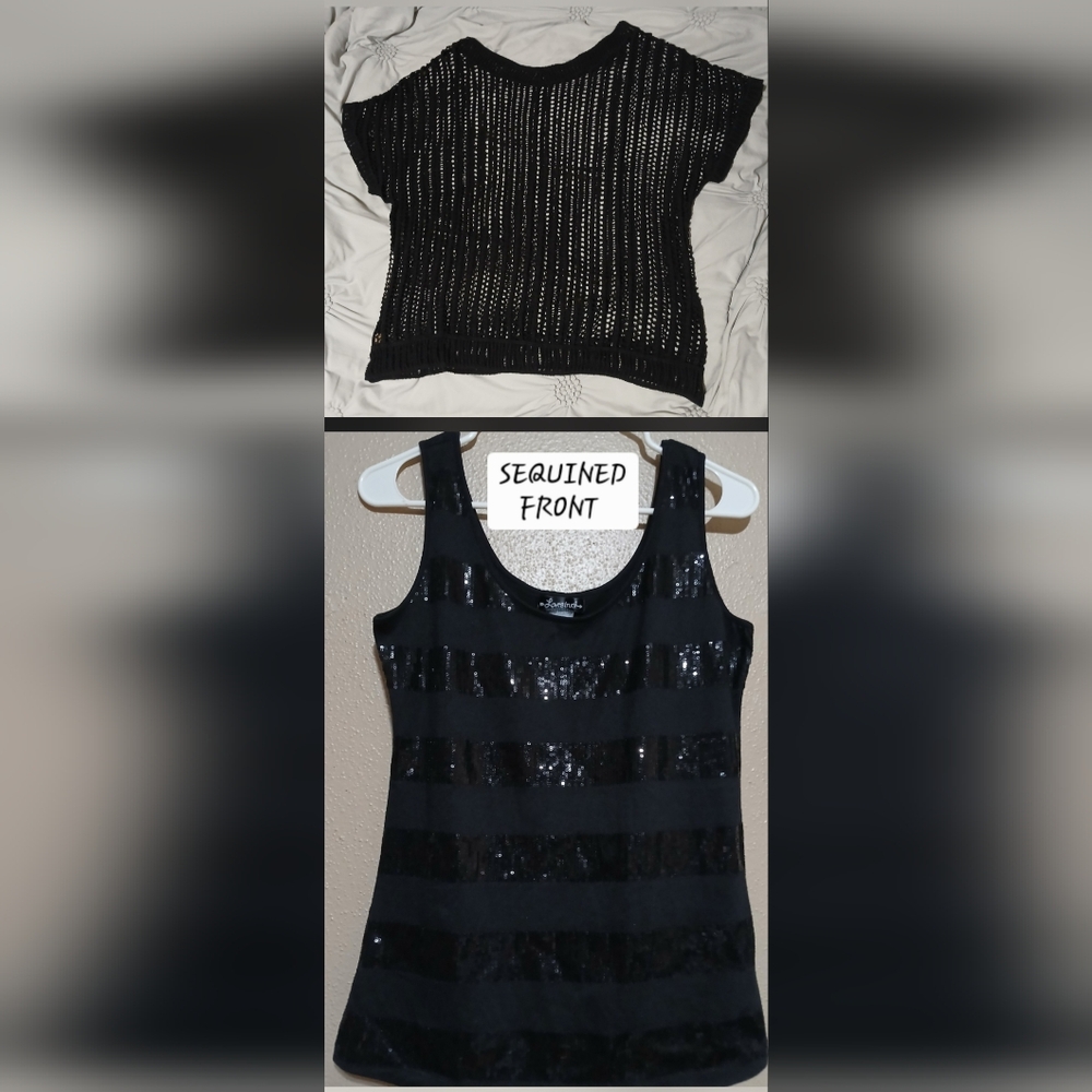 Womens | Lot of 2 | Knit-open stitch layering Top w/Black Sequined Slv-less Tank